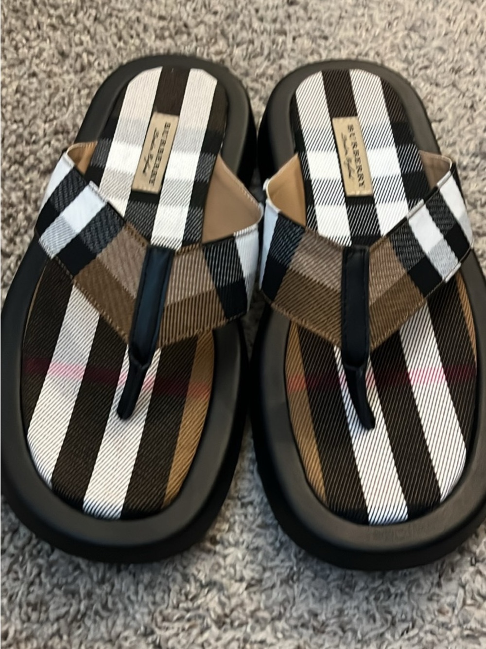 Burberry Black, White & Brown Plaid Men's Flip-Flop Sandals